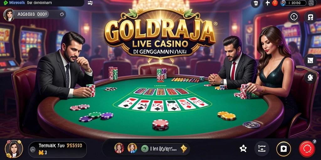 Tangkapan layar gameplay GOLDRAJA yang menampilkan dealer live dan suasana kasino.