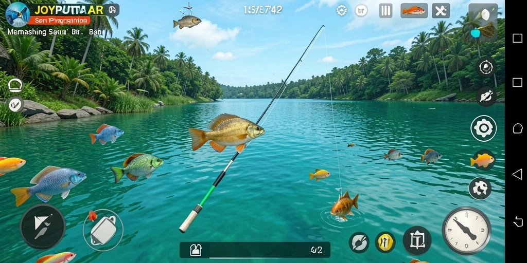 Tampilan gameplay JOYPUTAR dengan pemandangan laut dan alat pancing.