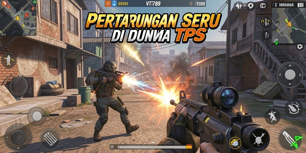 Tangkapan layar utama menunjukkan aksi seru dalam game TPS.